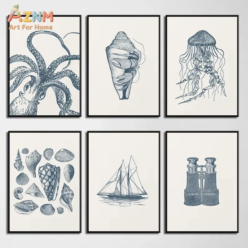 1PC,Vintage Blue Hermit Crab Octopus Sealife Poster Coastal Nautical Sailboat Wall Art Canvas Painting for Beach House Decor