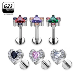 ASTM F136 G23 Titanium Labret Studs Tragus Lip Piercing Body Jewelry stud earrings for women Heart CZ Top internal thread