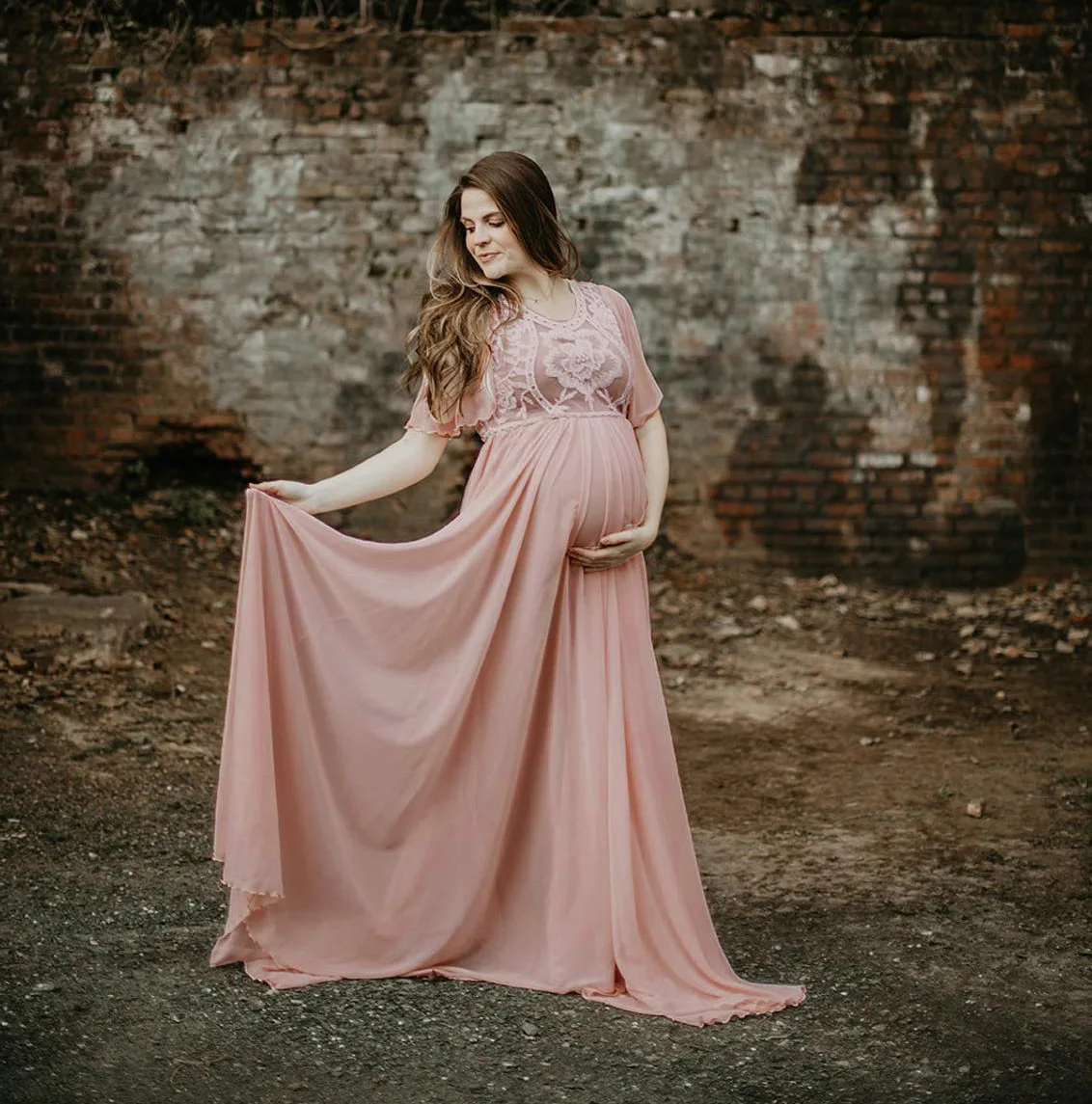 European American Women's Lace and Chiffon Patchwork Maternity Trailing Short Sleeve Maxi Dress for Photography Flutter Sleeve