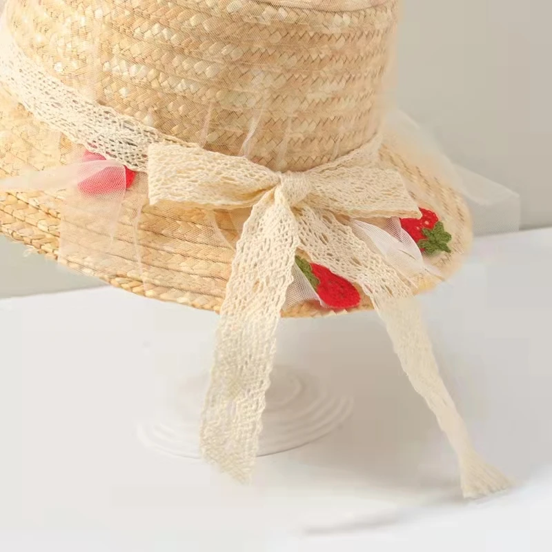 Mesh children\'s straw hat summer girl lace beach hat summer sun protection sun hat boy strawberry decoration sun hat 아동여름모자