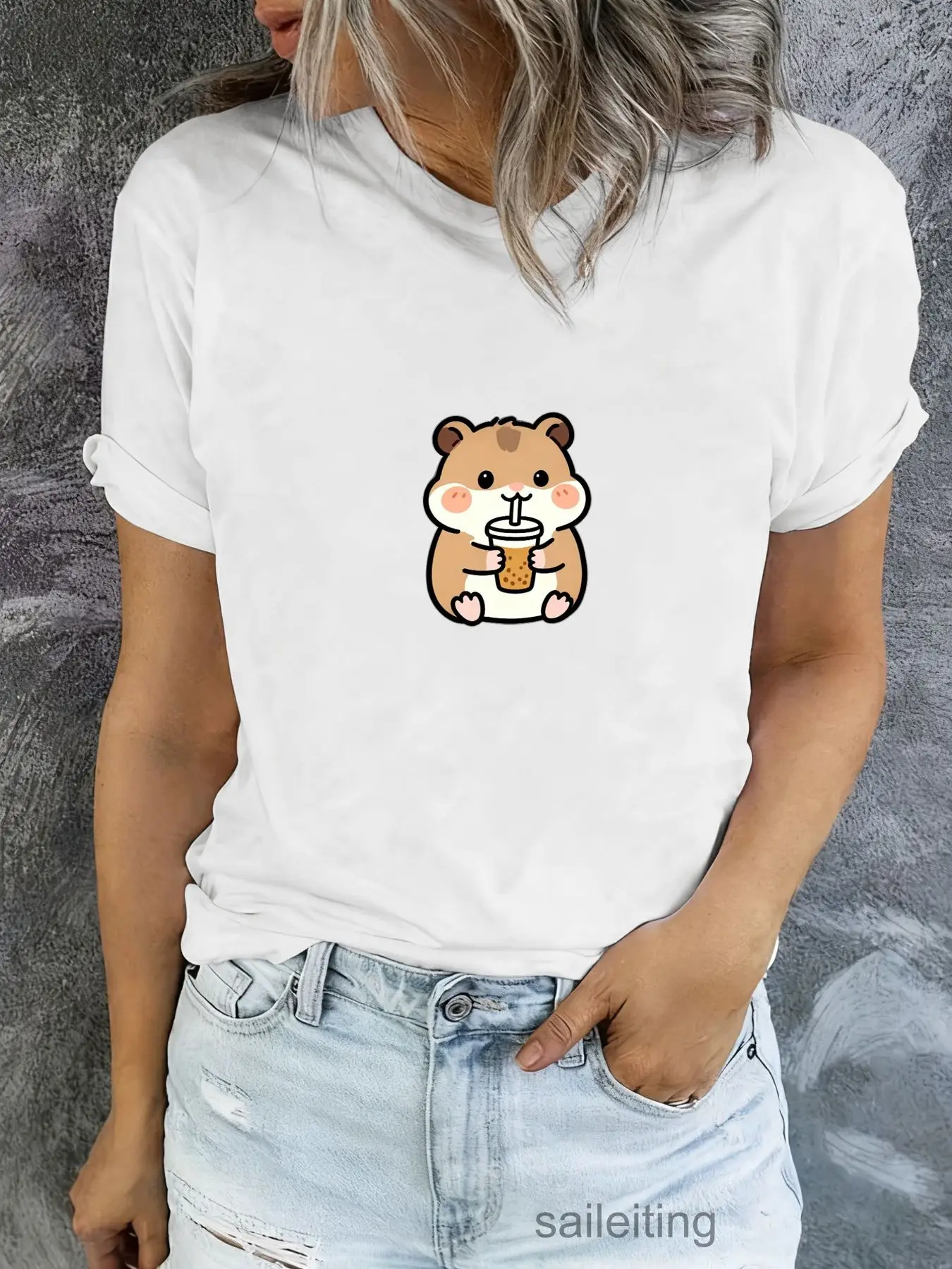 Cute Hamster Holding Iced Coffee T-Shirt - Brown Beige Cartoon Print Short Sleeve Summer Breathable Tee, Casual Crew Neck Top
