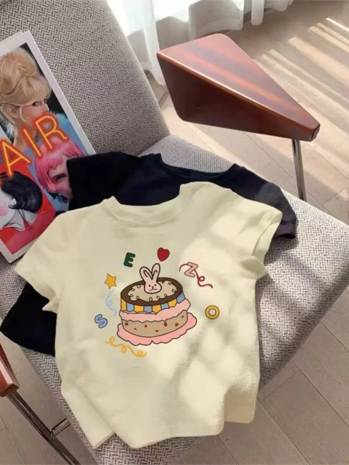 

Корейская футболка из чистого хлопка для девочек, летняя новинка, модный топ с мультяшным принтом, универсальная детская одежда