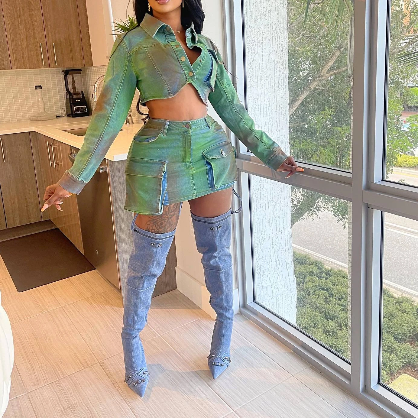 

Denim Skirt Set Women Two Piece Sets Y2k Streetwear Mom Jeans Dress Sets Tops Short Skirts A Line High Waist Slim Club Party