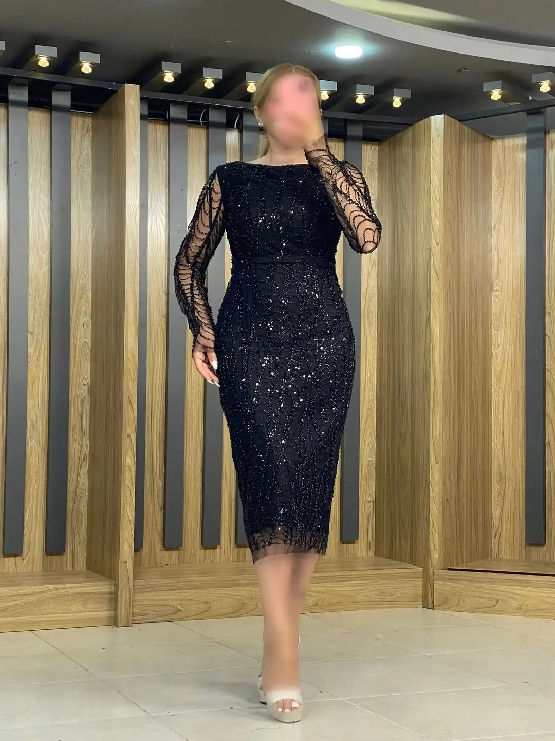 Ofherown الشاي طول أم فستان الزفاف الترتر حبة التطريز وشاح فساتين حفلات س الرقبة طويلة الأكمام فساتين الزفاف Gust