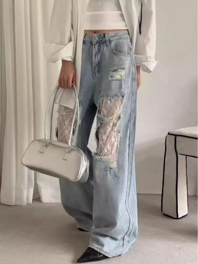 Hole Lace Patchwork Straight-leg Jeans Blue Hollow-out High-waisted Wide-leg Pants Women Summer Trousers Y2k Streetwear Clothes