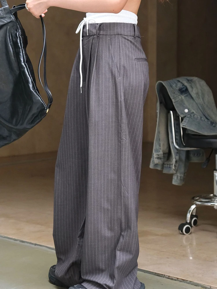 [EAM] High Elastic Waist Gray Striped Color-block Wide Leg Pants New Trousers Women Fashion Tide Spring Autumn 2024 1DH6815