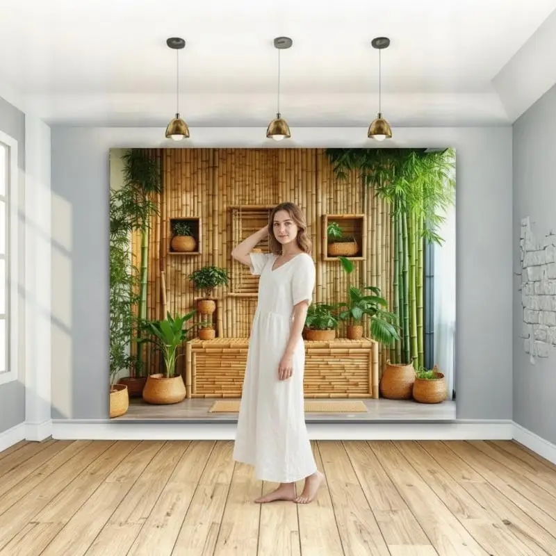 1Pc Tropical Photo Background Banner Realistic Bamboo And Lush Green Plant Design Durable Polyester Fiber