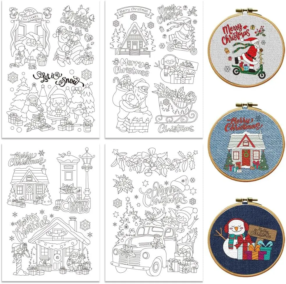 4-Blatt Weihnachts-Stickerei-Stabilisator – Feiertagsdesigns auf wasserlöslichem, selbstklebendem Papier für festliche Heimwerkerprojekte