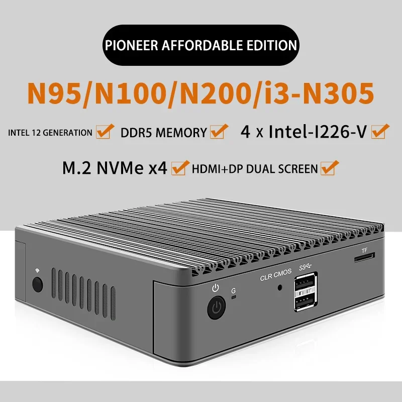 12th Gen Intel i3 N305 N200 N100 Mini Desktop Pocket Computer Firewall Router Mini PC 4xi226-V 2.5G Proxmox Host Fanless PC