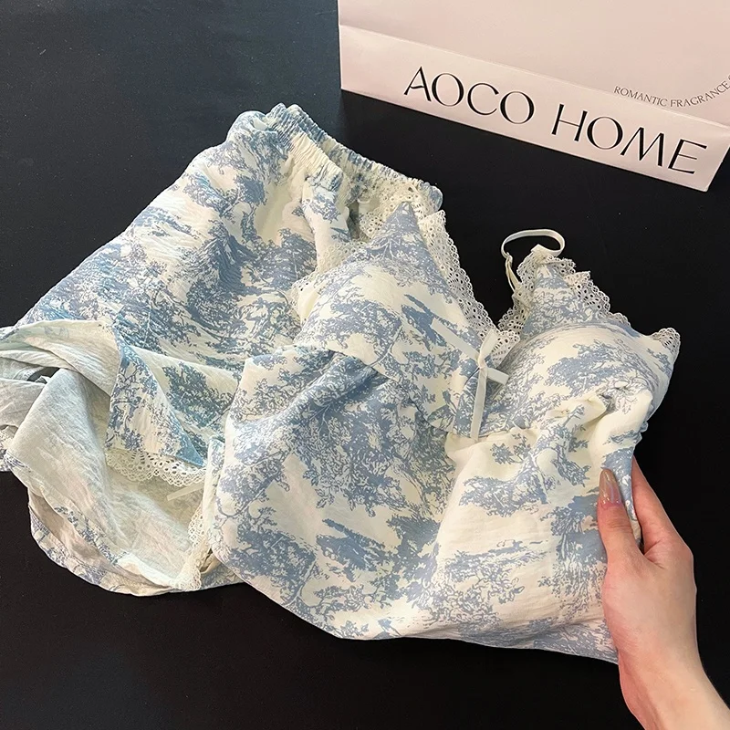 

Pure Cotton Summer Spwear Set for ort Women with Chest Pad Strap Home Clothes Blue Knot High Sensation Women's...