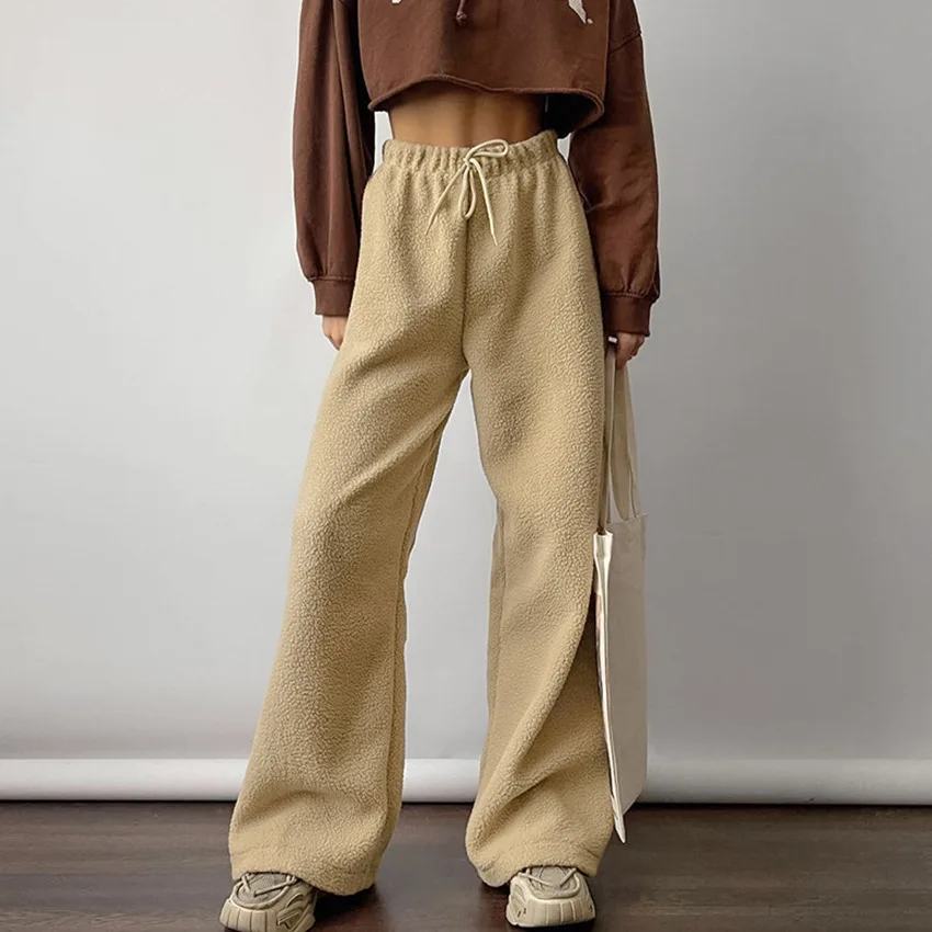 

2026 Spring and Autumn Thickened Warm White Fleece Pants Women's Loose Lamb Fleece Wide Leg Pants Versatile Casual Pants