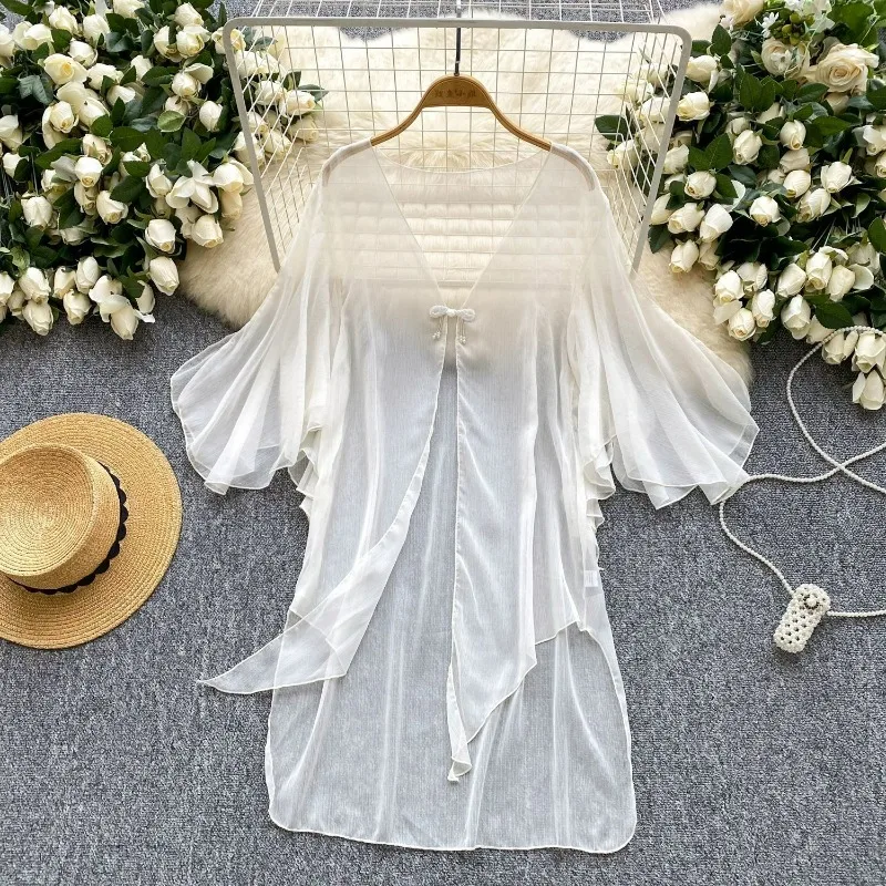 

Нежный стиль, сетчатая куртка с тонкими расклешенными рукавами, женская летняя новинка 2025, милая свободная шаль для отпуска, нерегулярный кардиган