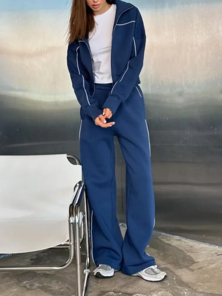 ชุดเซ็ตเสื้อผ้าลำลองสำหรับฤดูใบไม้ร่วง เสื้อแจ็คเก็ตแขนยาวมีซิปสำหรับผู้หญิง กางเกงขายาวลายทางเอวยางยืด ชุดสองชิ้น