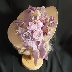 New Flat Top Retro Women Lolita Bonnet Sun Hat Flower Lace Wide Brim Headdress Afternoon Tea Party Accessory