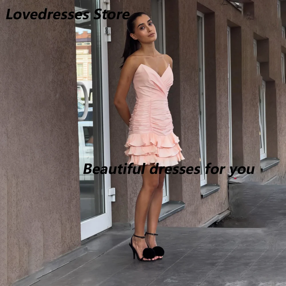 Customized Blush Strapless V Neck Wrap Mother Of The Bride Gown Ruched Layered Pleated Ruffle Short Wedding Evening Mini Dress