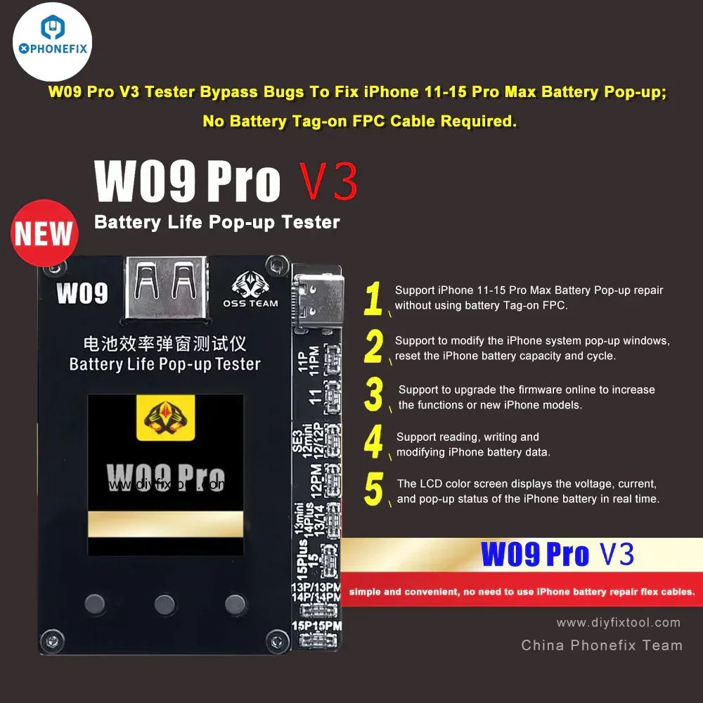 OSS W09 Pro V3 Battery Life Pop-up Tester Battery Capacity Cycle Repair Modify Battery Data Read/Write for iPhone11-15PM NO FPC