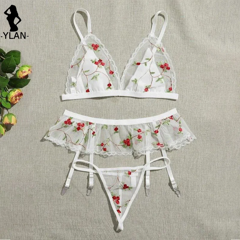 Female Underwear 3pcs Bralette Set Sensual Lingerie Woman Floral Embroidered Underwear Set French Triangle Cup Bra and Panty Set