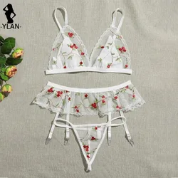 Ensemble de sous-vêtements brodés floraux pour femmes, bralette, soutien-gorge, culotte, coupe triangle, français, sensuel, lingerie, femme, 3 pièces