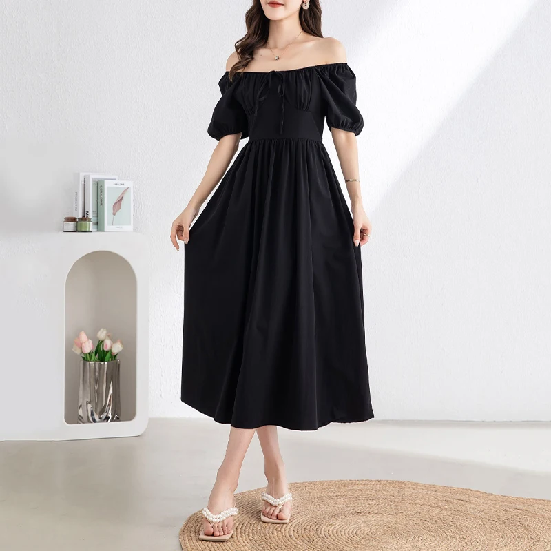 

Elastic Linen Dress with Lantern Sleeves - French Style Off-the-Shoulder Dress, Slimming & Versatile