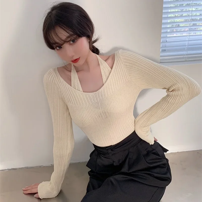 Spring And Autumn Long Sleeved Solid Color Slimming V-neck Hanging Neck Tops Women's Off Shoulder Knitted Sweaters