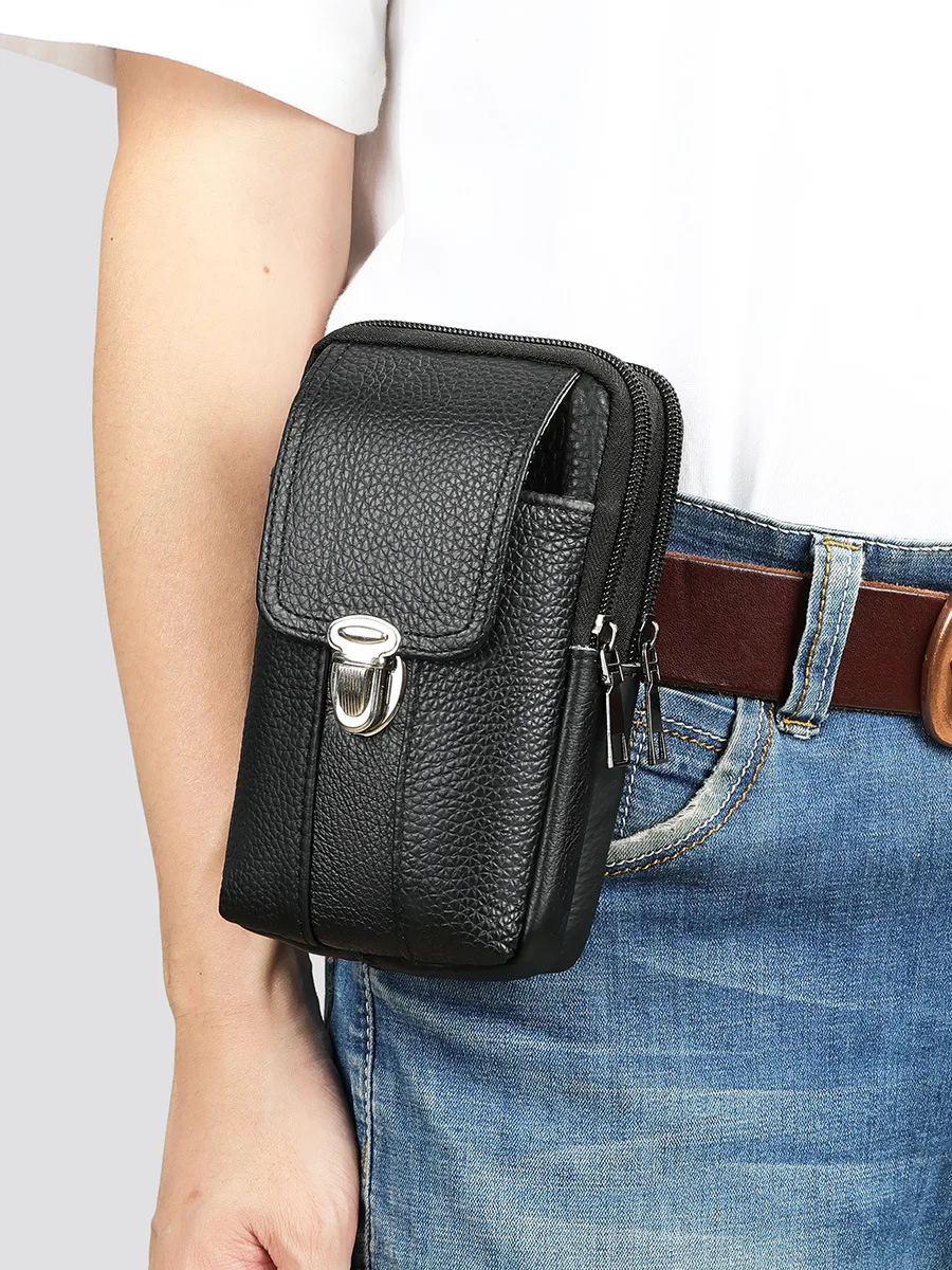 Hot selling men's waist bag  with multi-functional wear belt mobile phone pouch top layer cowhide men's waist pack belt pouch