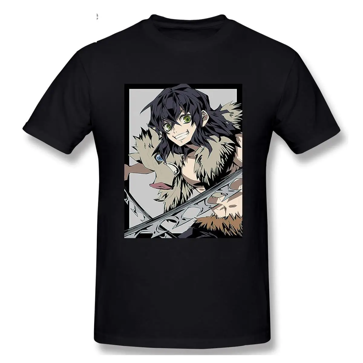 Fashion Japanese Anime Demon Slayer T Shirt Men Cool Hashibira Inosuke Print T-shirts Mens 100% Cotton Tops Harajuku Streetwear