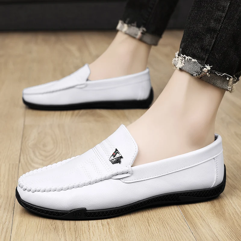 New White Leather Men Casual Shoes Luxury Brand Black Formal Dress Shoes Designer Men Loafers Breathable Slip on Driving Shoes