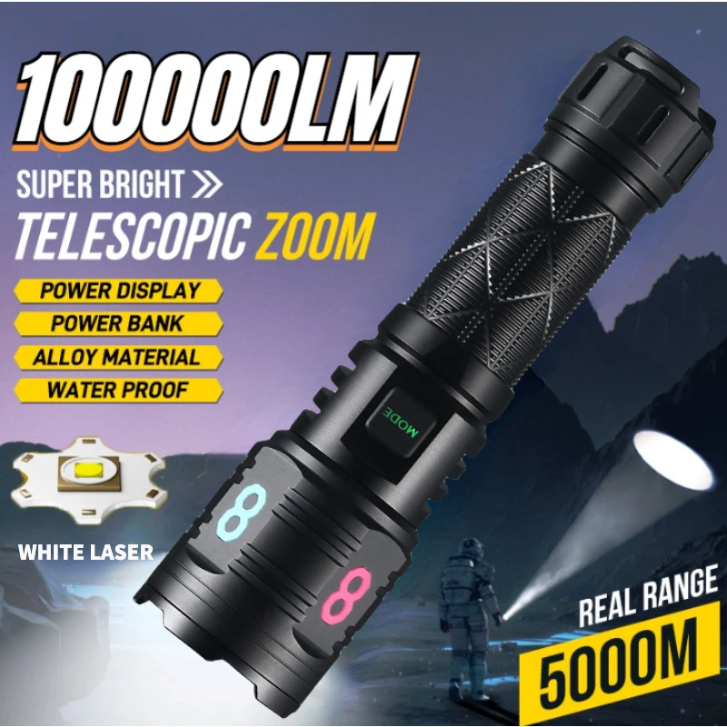 White Laser Powerful Flashlight Rechargeable Type C Charging Zoom Handlamp Outdoor Long Range Torch