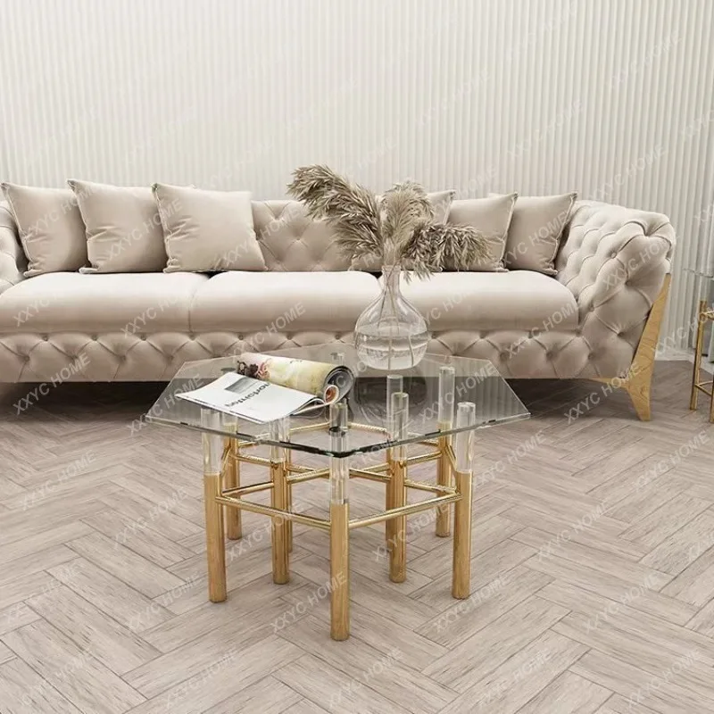 Design modern square glass coffee table stainless steel metal craft wooden legs living room coffee table combination
