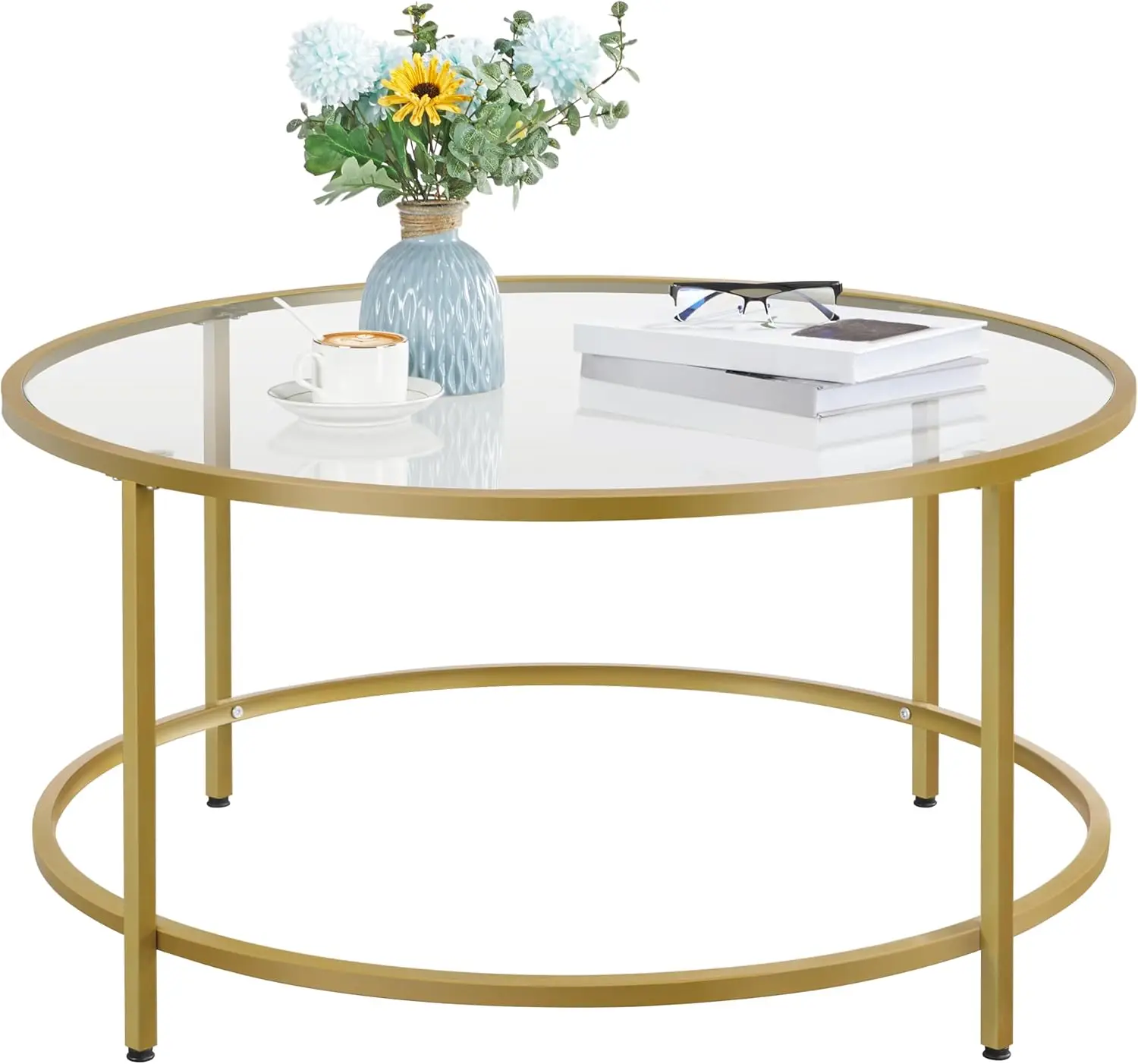 

Gold Glass Coffee Table for Living Room, 36" Round Glass Coffee Table with Metal Frame, Circle Coffee Table for Home, Apartment