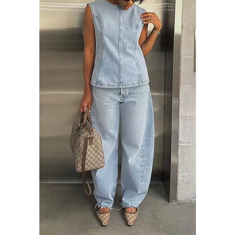 Elegant Women Denim 2 Piece Set Sleeveless Tank Top Wide Leg Pants Matching Set 2024 Autumn New Fashion Streetwear Jeans Outfits