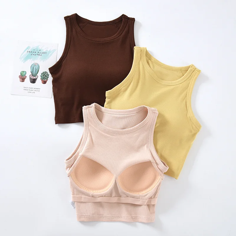 Ribbed Women\'s Camisole Solid Color Sleeveless with Padded Bust Wireless Crop Top Base Layering Undershirts Female Camis C5542