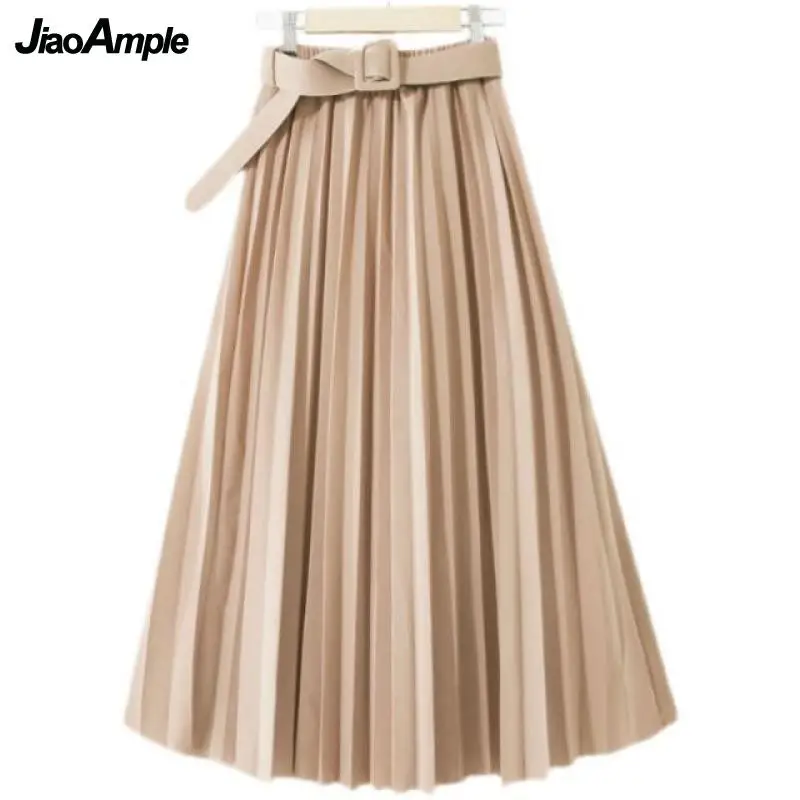 

England Style Women Graceful Pleated A-Line Skirts 2022 Summer Fashion High Waist Elegant Skirt with Belt Ladies Clothing