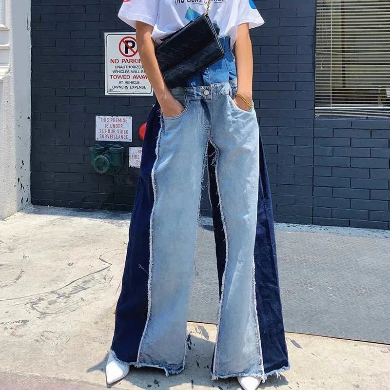 Patchwork Y2k Blue Denim Pants High Waist Vintage Zipper Jeans Streetwear Loose Wide Leg Trousers Fashion Casual Pants For Women