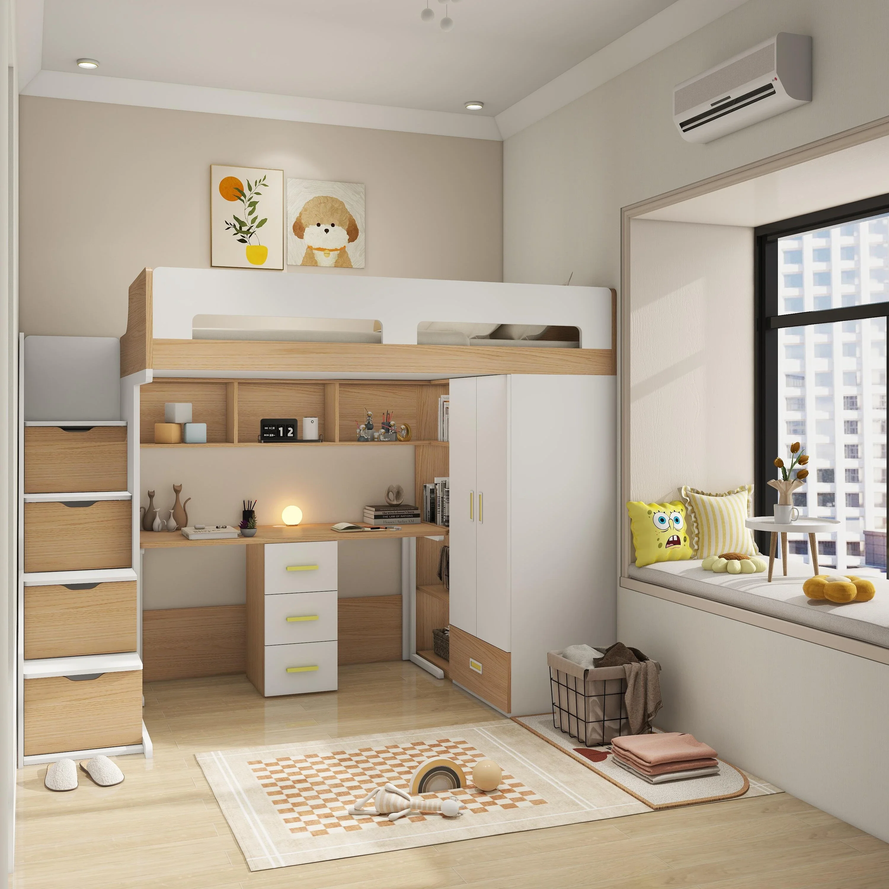 Solid Wood Tatami Children's Bed with Stairs up Bed Down Table High Storage Function Customizable