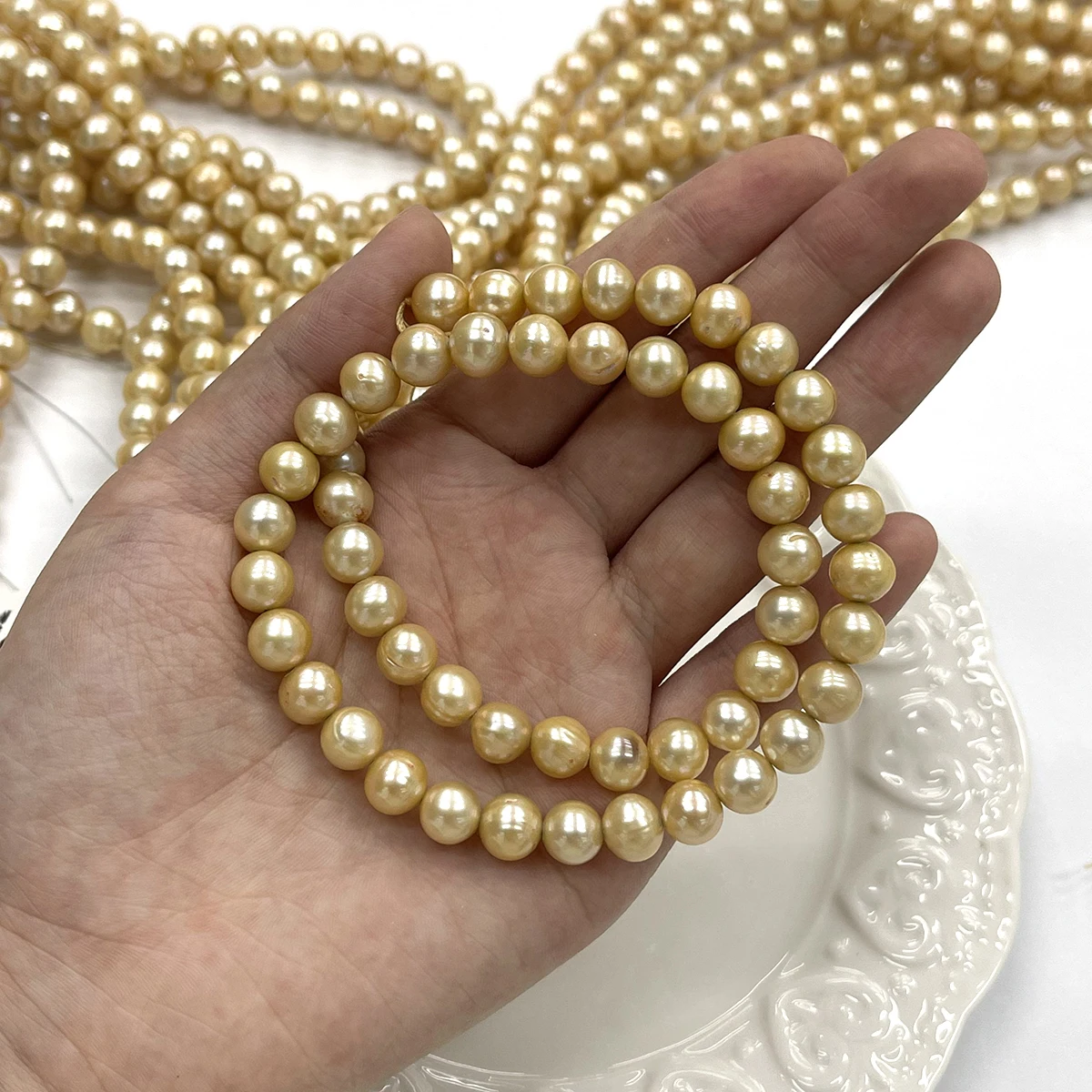 Freshwater Cultured Pearl Necklace 8-9Mm - 8-9mm Dyed Gold Near Round Natural