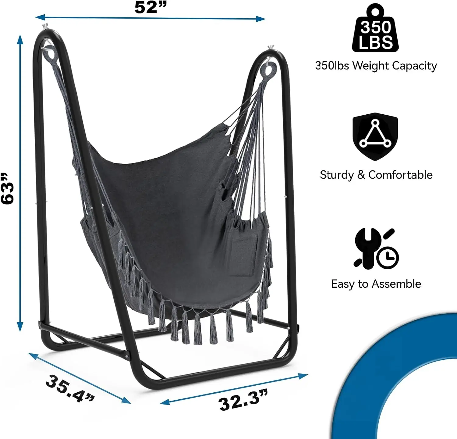 Cadeira de rede em forma de U com suporte, resistente e ferrugem, cadeira de rede de algodão cinza grátis