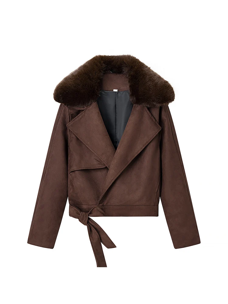 

European-style new women's fashionable and versatile long-sleeved coat with detachable fur collar and suede trim.