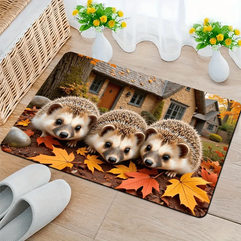 2D Flat Three Hedgehogs Autumn Leaves Cute Animal Flannel Door Mat Non Slip Seasonal Decor Rug For Entryway Floor