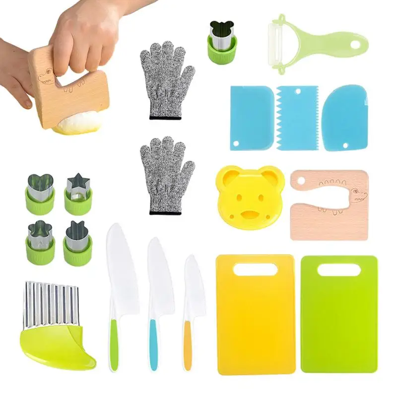 19PCS Kids Cooking Sets Real Cooking Montessori Kitchen Tools for Toddlers Kids Safe Knives Cutting Board Toddler Toys