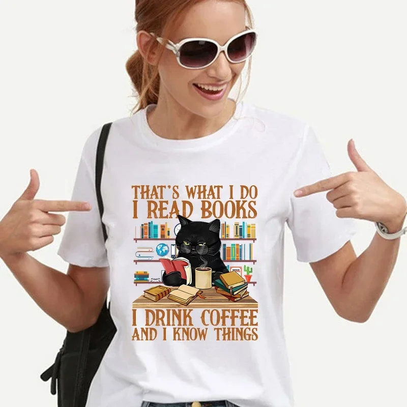 Funny Loose T Shirts Black Read Books Coffee Print White Casual Graphic Tees Soft Comfort Trendy Daily Fashion Book Lover Tops