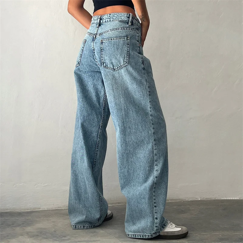 Lamuusaa Jeans y2k Clothes Women Solid Color Low Waist Waist Wide Leg Denim Pants Trousers with Multi Pockets 2000s Streetwear