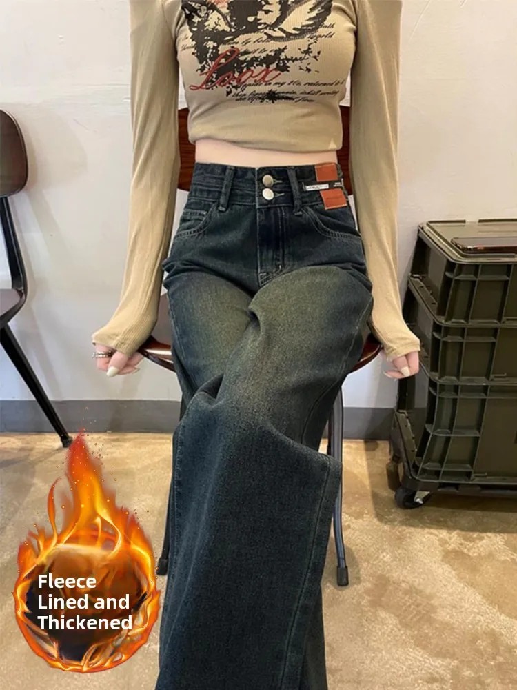 

Женские утепленные джинсы с флисовой подкладкой, прямые, зауженные, с высокой талией, модные свободные брюки с широкими штанинами для осени и зимы