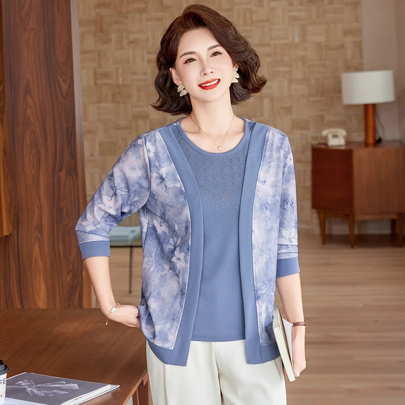 Autumn Women's New Fashion Age-Reducing Shirt Trendy Fake Two-Piece Base T-Shirt Blouse