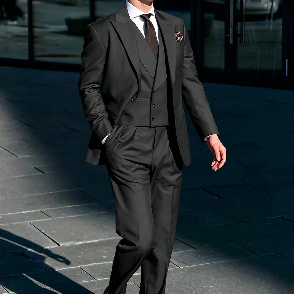

Customized Elegant Men Suits Black Business Casual 3 Pieces Jacket Vest Pants Blazer Set Formal Occasion Wedding Groom Tuxedo