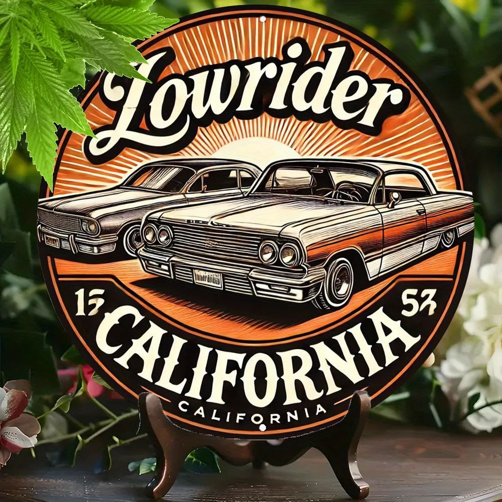 Letrero de aluminio 2D plano, 1 unidad, diseño vintage de California Bass Car - Arte de pared retro Lowrider 15 California, decoración de metal redonda de 20 cm