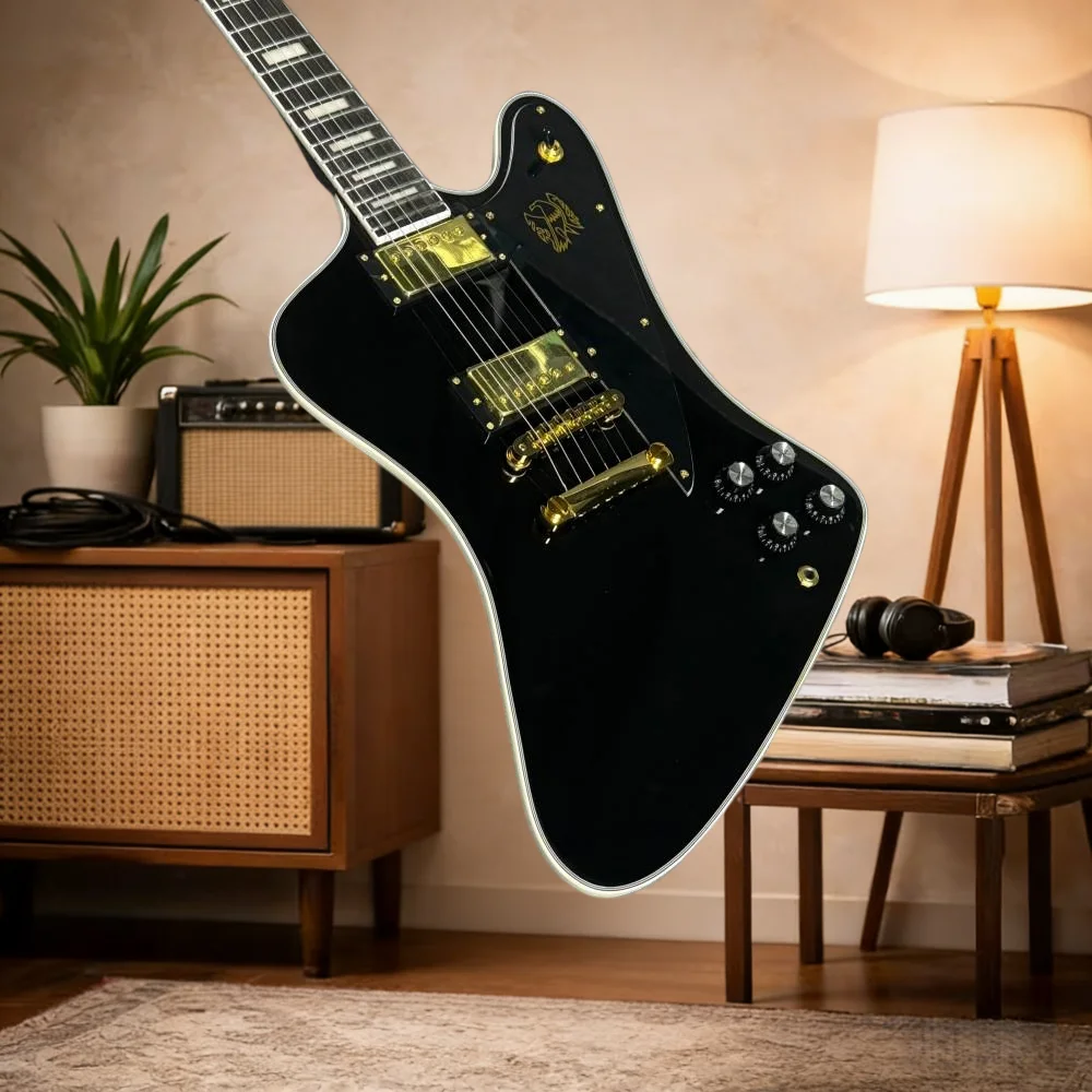 

Электрогитара Black Firebird, золотая, 6-струнная, с золотыми аксессуарами, аксессуары нестандартной формы, бесплатная доставка
