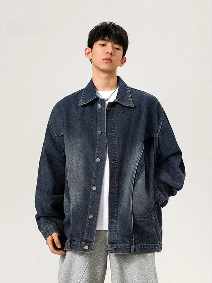 

Retro American Spliced Deep Blue Denim Jaet Men's New Trendy High-End Feel Flip Collar Jaet Autumn Casual Loose Fit