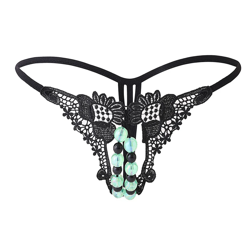 Luminous Beads Sexy Lace Thong Women Underwear Plus Size Double-row Bead Massage Transparent Panties Female Butterfly G Strings