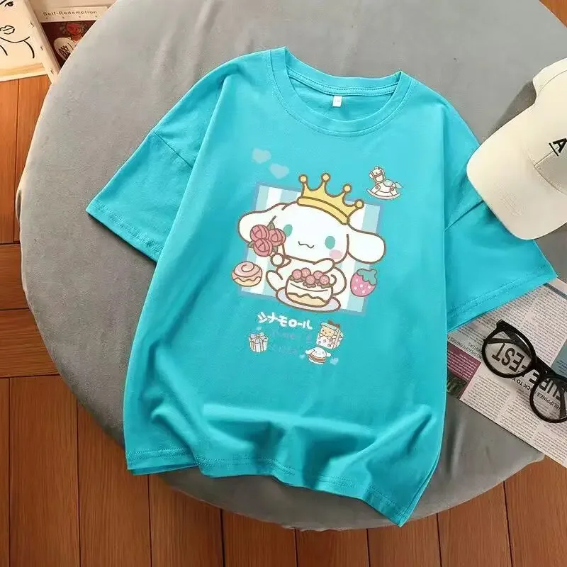 Sanrio-Camisetas estampadas Multicolor Cinnamoroll para mujer, Top Kawaii Y2k, camiseta estética Harajuku de gran tamaño, ropa para mujer